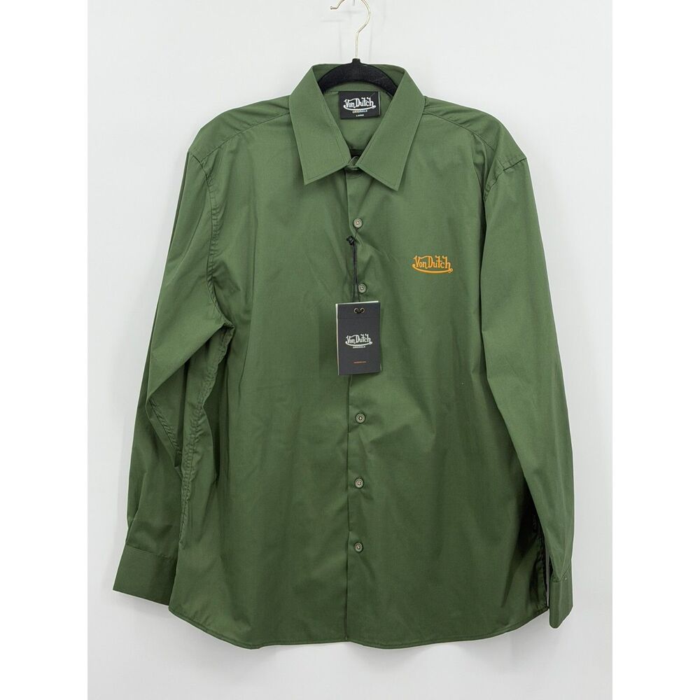 NWT Von Dutch Olive Green Button Up Orange Logo Shirt Large Utility Work $79